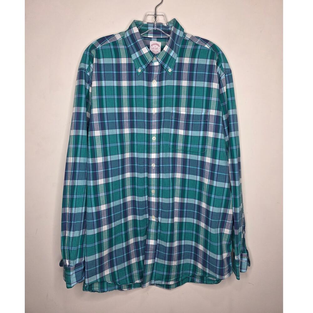 Brooks Brothers Madison teal green blue plaid cotton long sleeve shirt - large